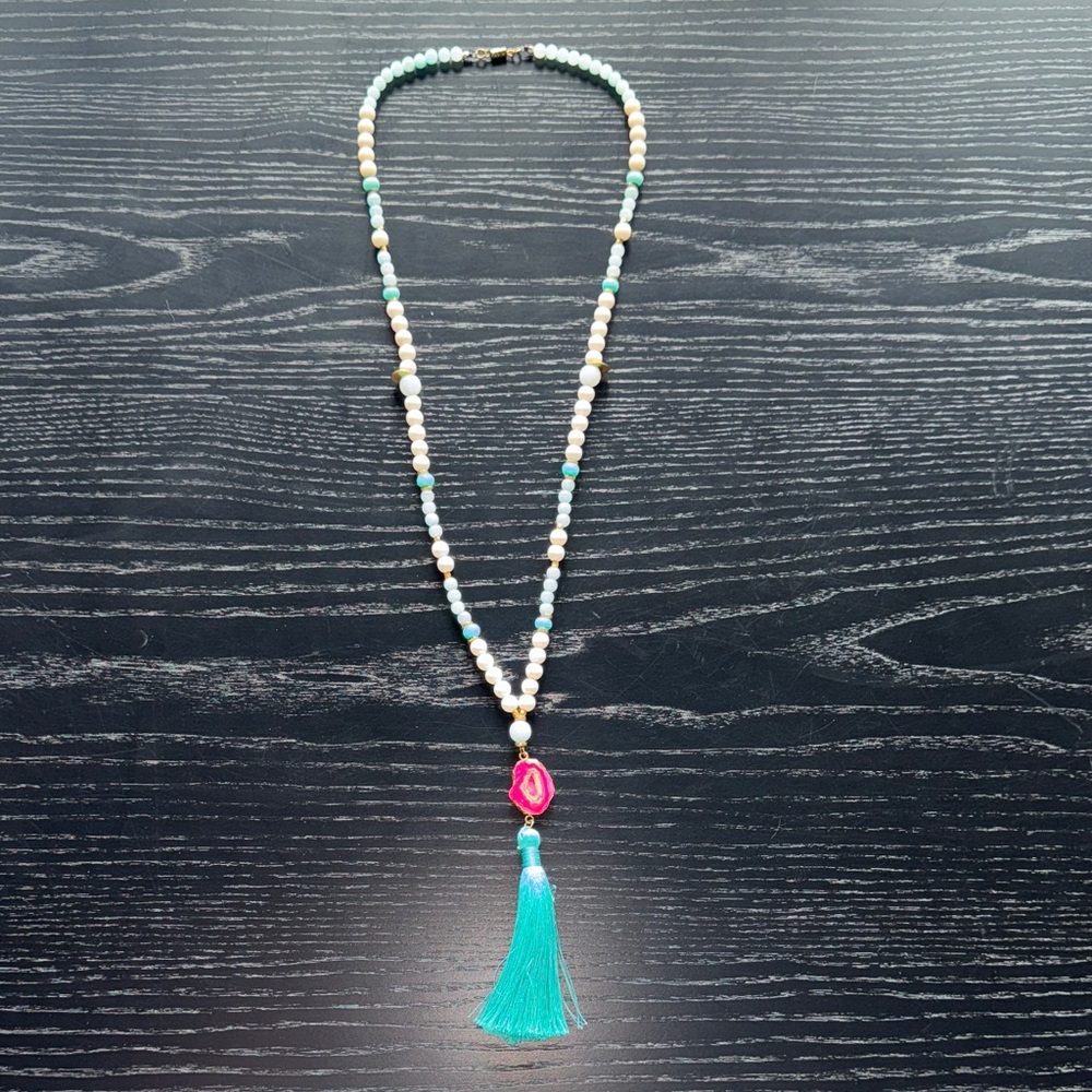 Elegant Beaded Necklace with Pink and Turquoise Accents